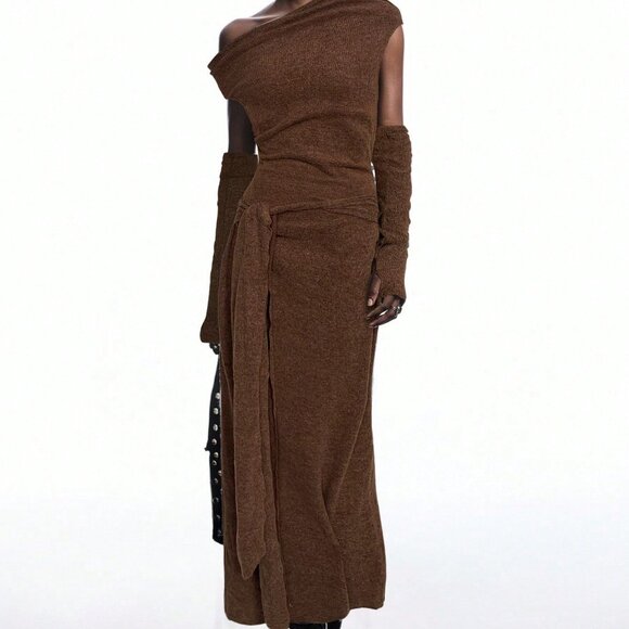 Brown Elegant Women's Asymmetrical Knitted Maxi Drape Dress - Picture 1 of 6